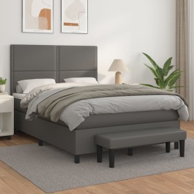 Cama box spring con colchón cuero sintético gris 140x200
