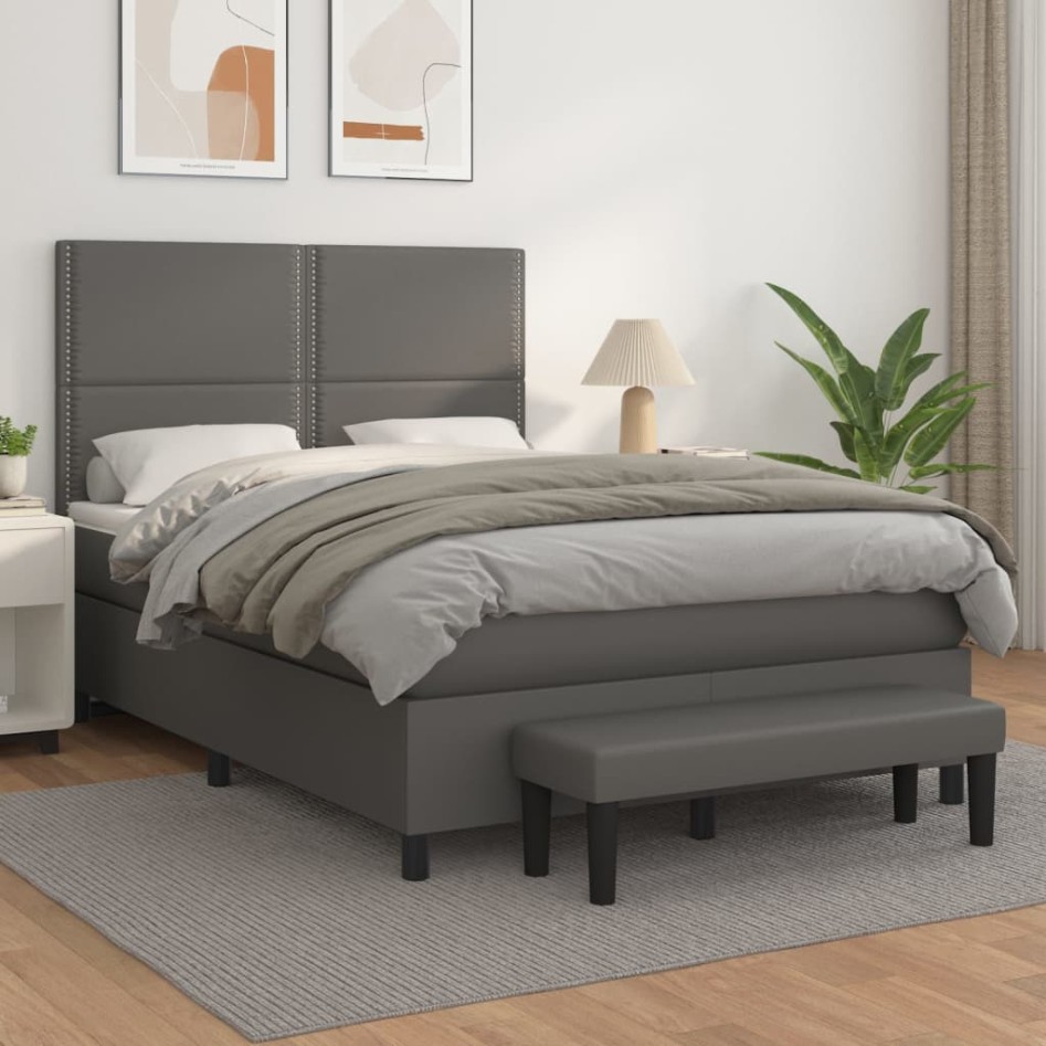 Cama box spring con colchón cuero sintético gris 140x200