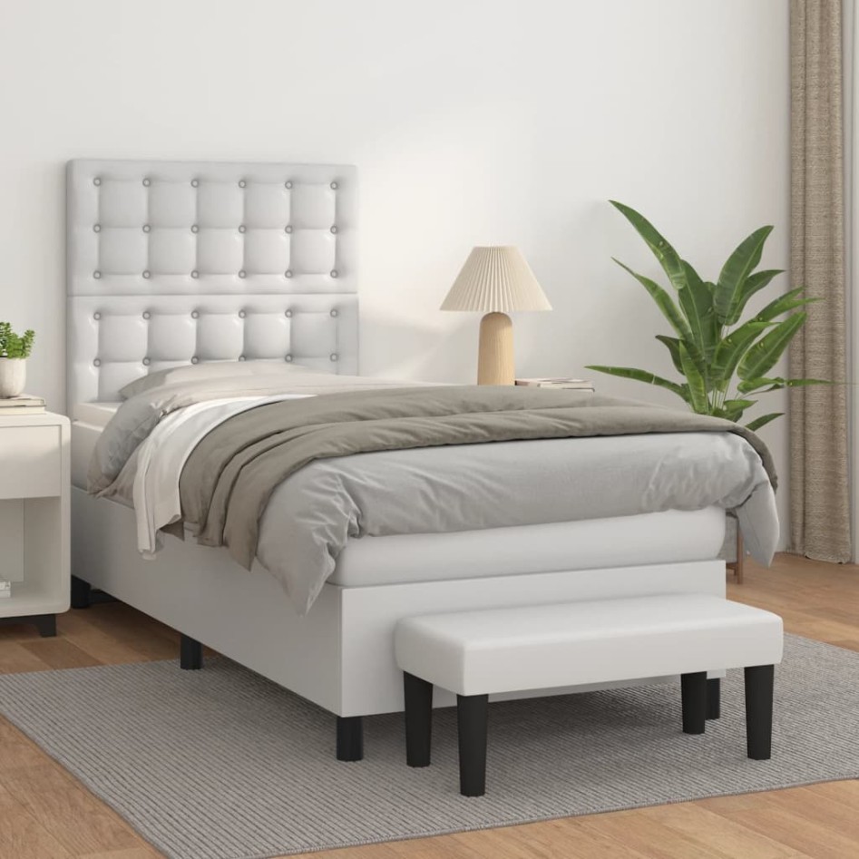 Cama box spring con colchón cuero sintético blanco 90x190