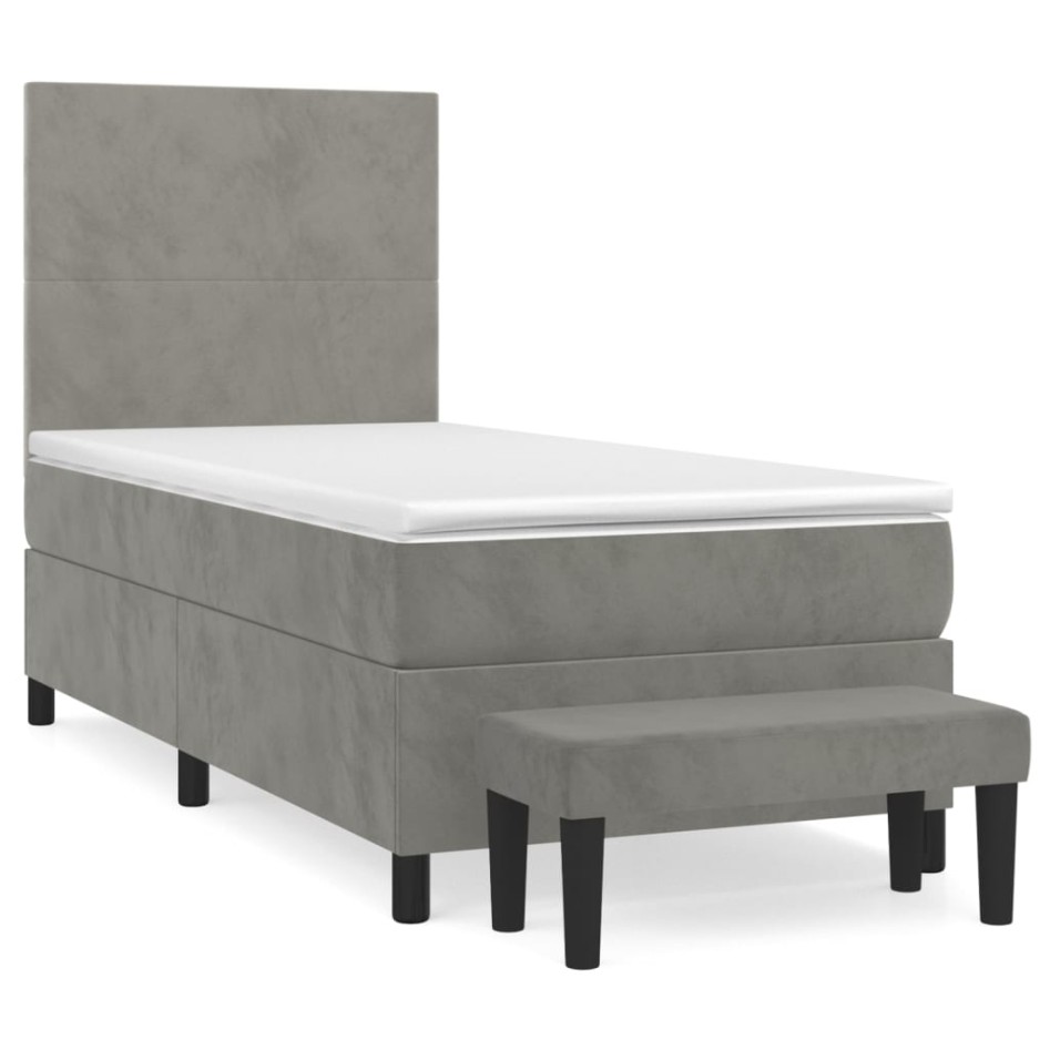Cama box spring con colchón terciopelo gris claro 80x200