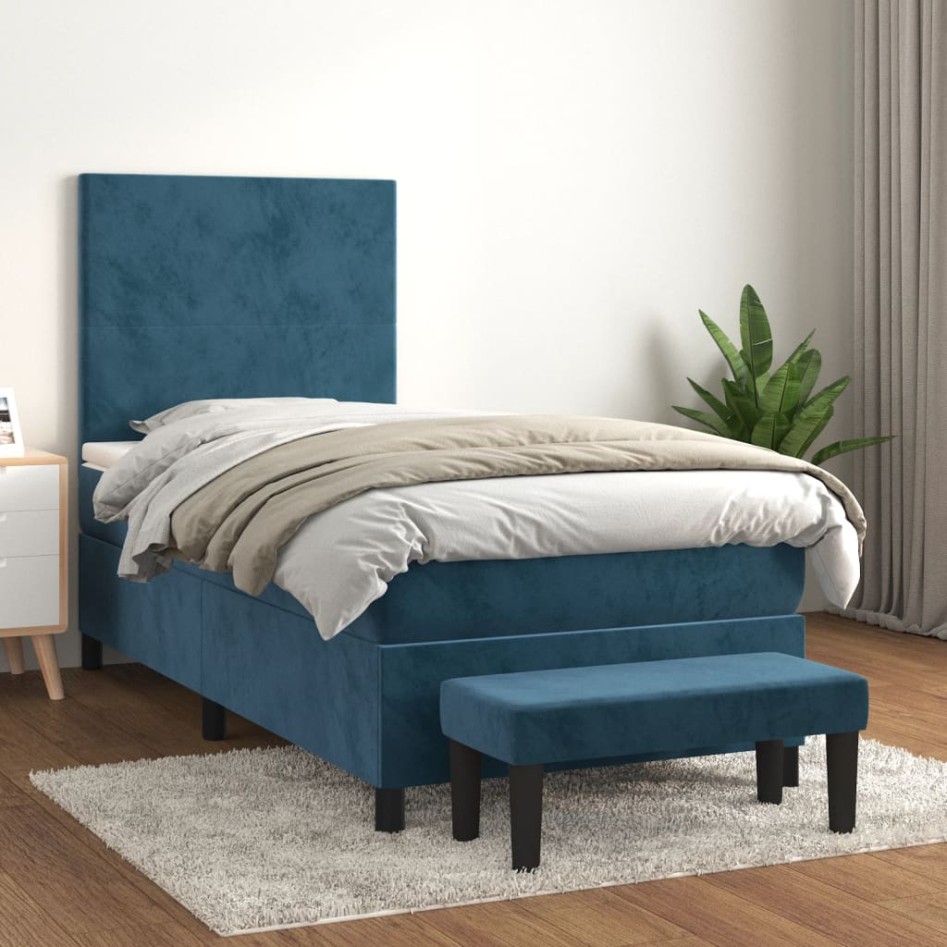 Cama box spring con colchón terciopelo azul oscuro 90x200