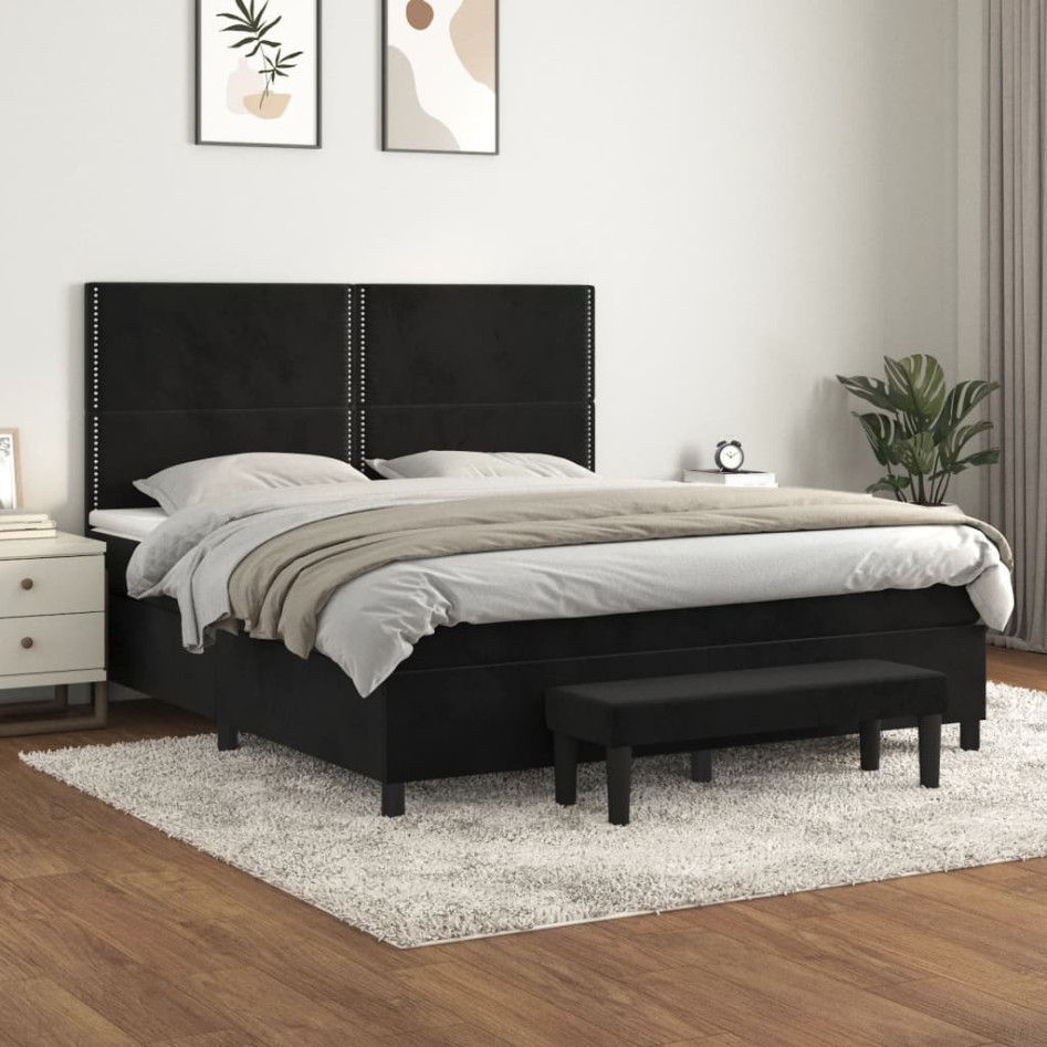 Cama box spring con colchón terciopelo negro 160x200