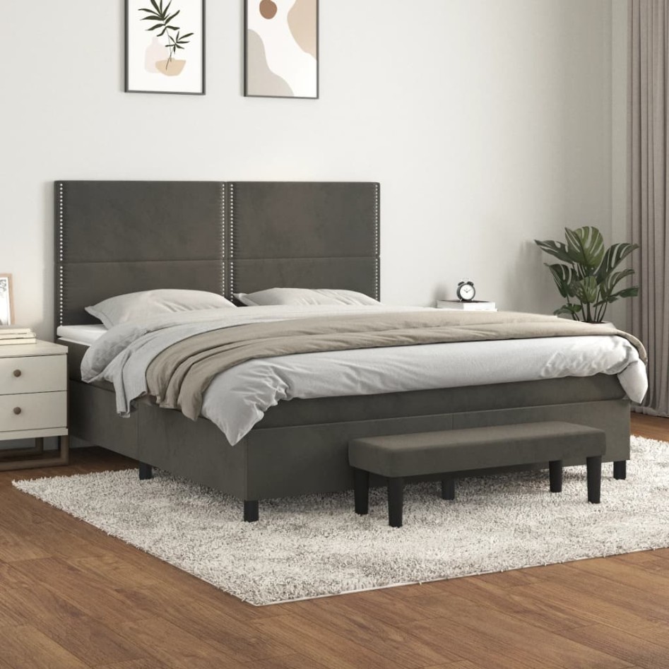 Cama box spring con colchón terciopelo gris oscuro 180x200