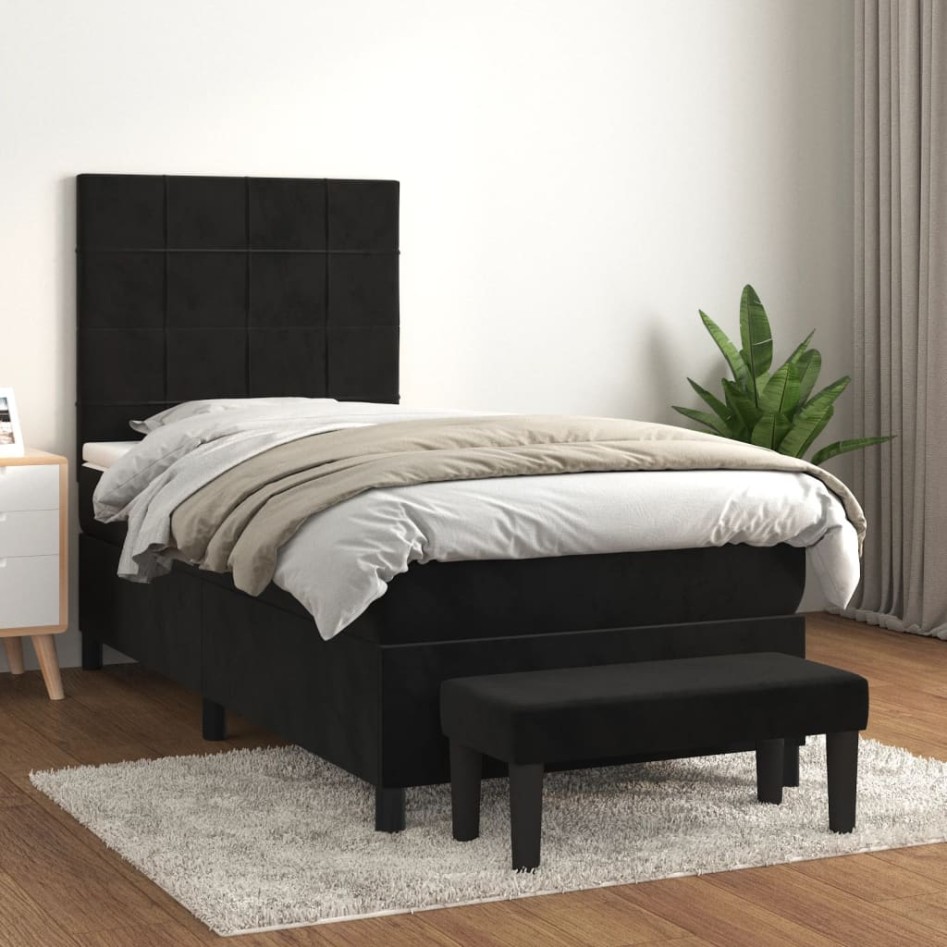 Cama box spring con colchón cuero sintético negro 90x190