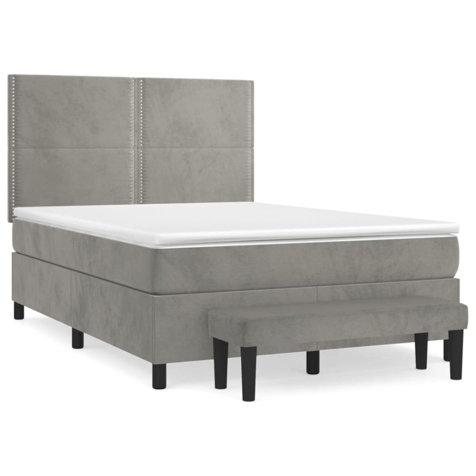 Cama box spring con colchón terciopelo gris claro 140x200