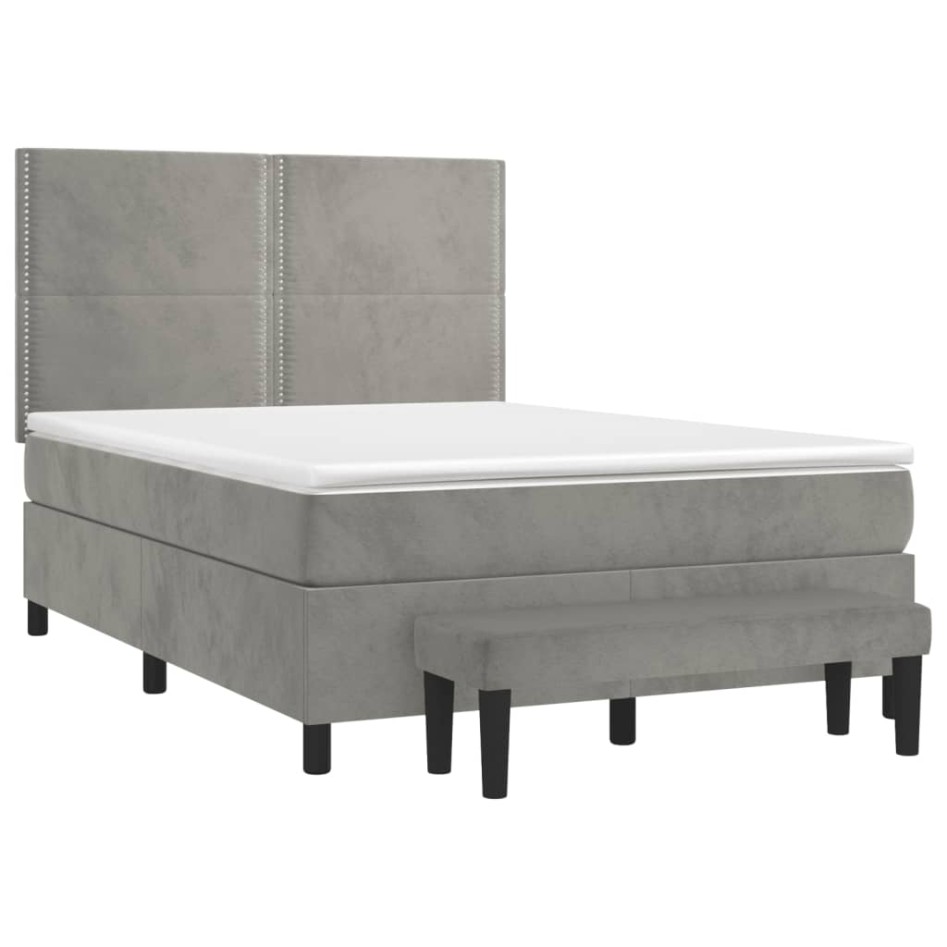 Cama box spring con colchón terciopelo gris claro 140x200