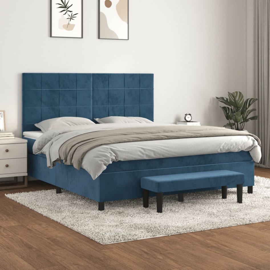 Cama box spring con colchón terciopelo azul oscuro 160x200