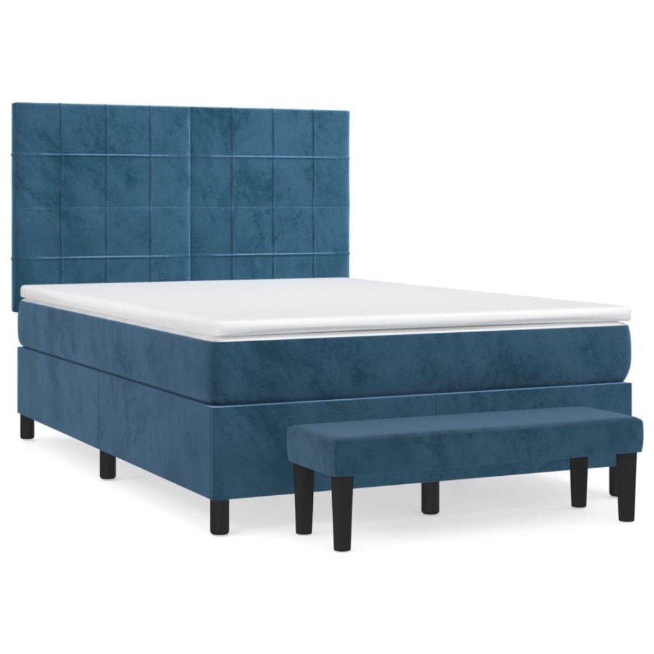 Cama box spring con colchón terciopelo azul oscuro 140x190