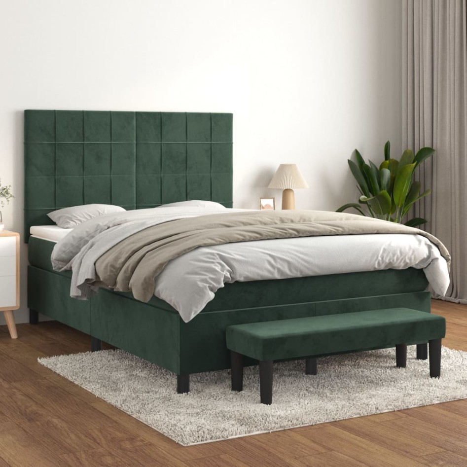 Cama box spring con colchón terciopelo verde oscuro 140x200