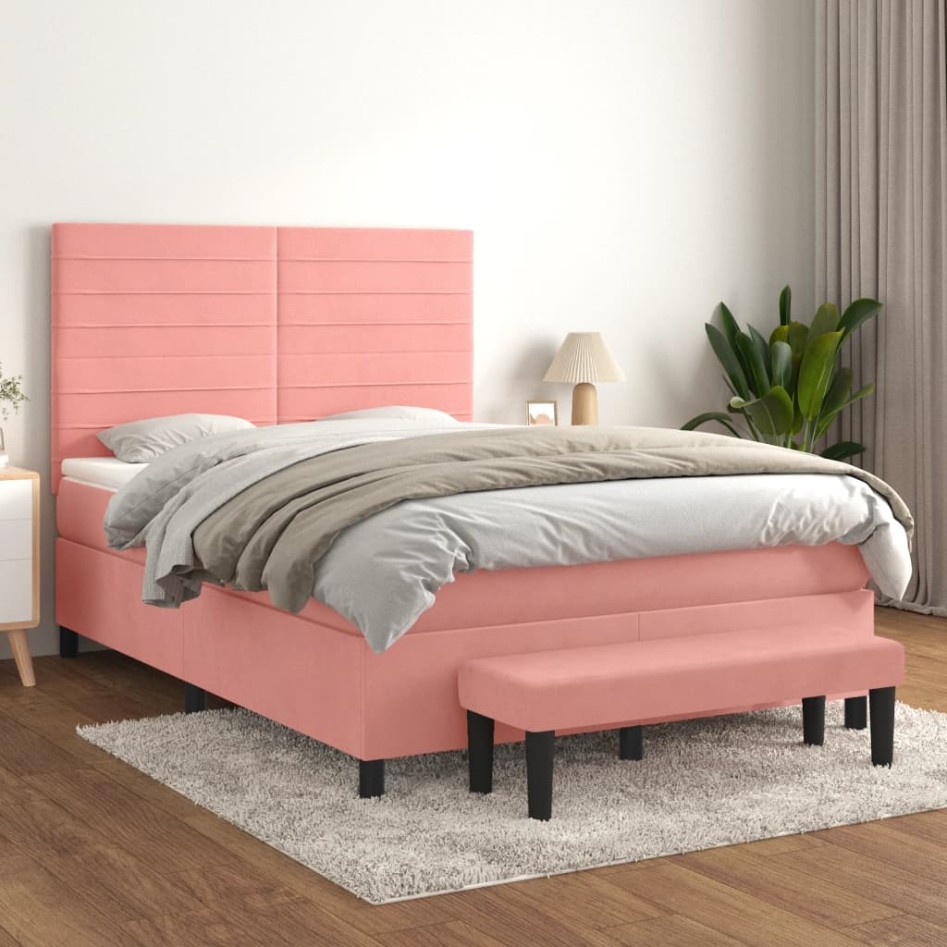 Cama box spring con colchón terciopelo rosa 140x200