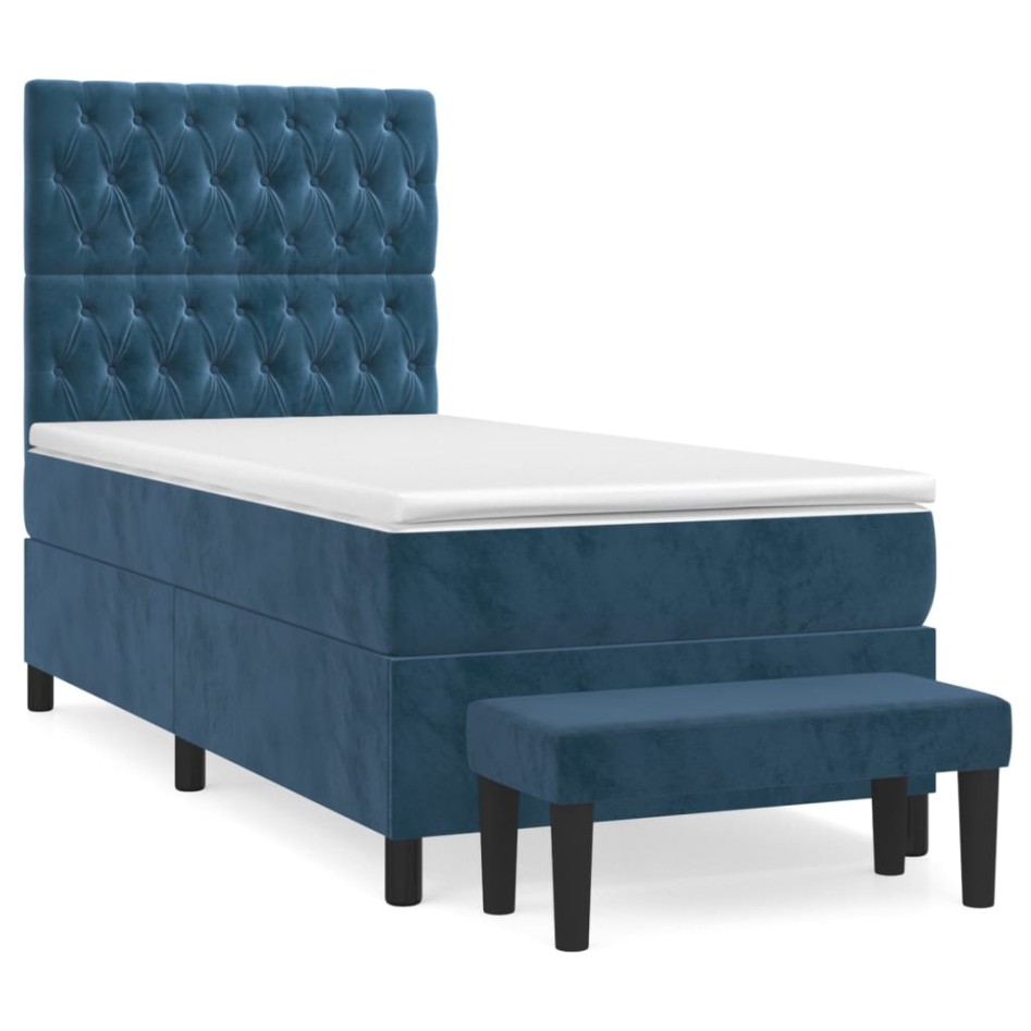 Cama box spring con colchón terciopelo azul oscuro 90x190