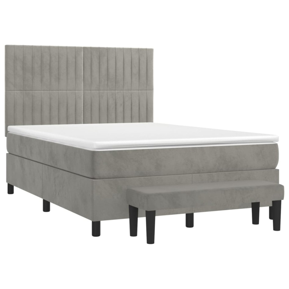Cama box spring con colchón terciopelo gris claro 140x200