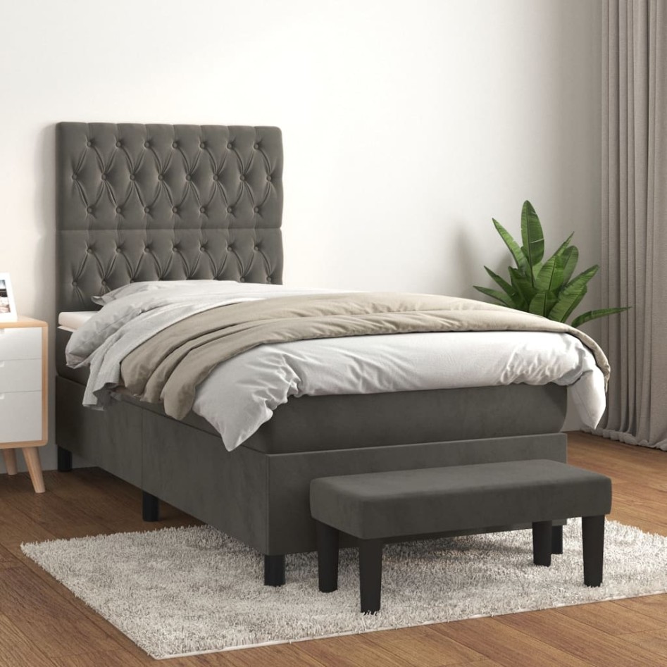 Cama box spring con colchón terciopelo gris oscuro 80x200