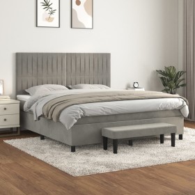 Cama box spring con colchón terciopelo gris claro 160x200