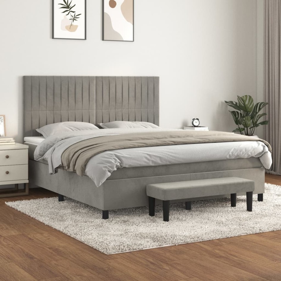Cama box spring con colchón terciopelo gris claro 160x200