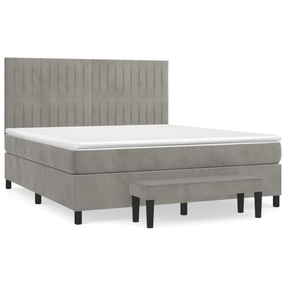 Cama box spring con colchón terciopelo gris claro 160x200
