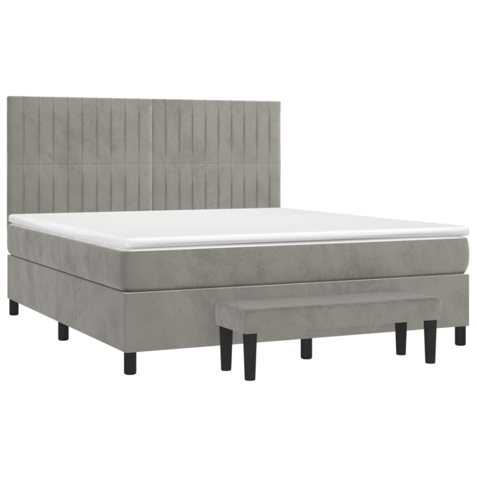 Cama box spring con colchón terciopelo gris claro 160x200