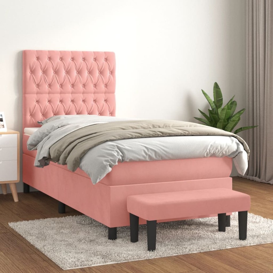 Cama box spring con colchón terciopelo rosa 90x190