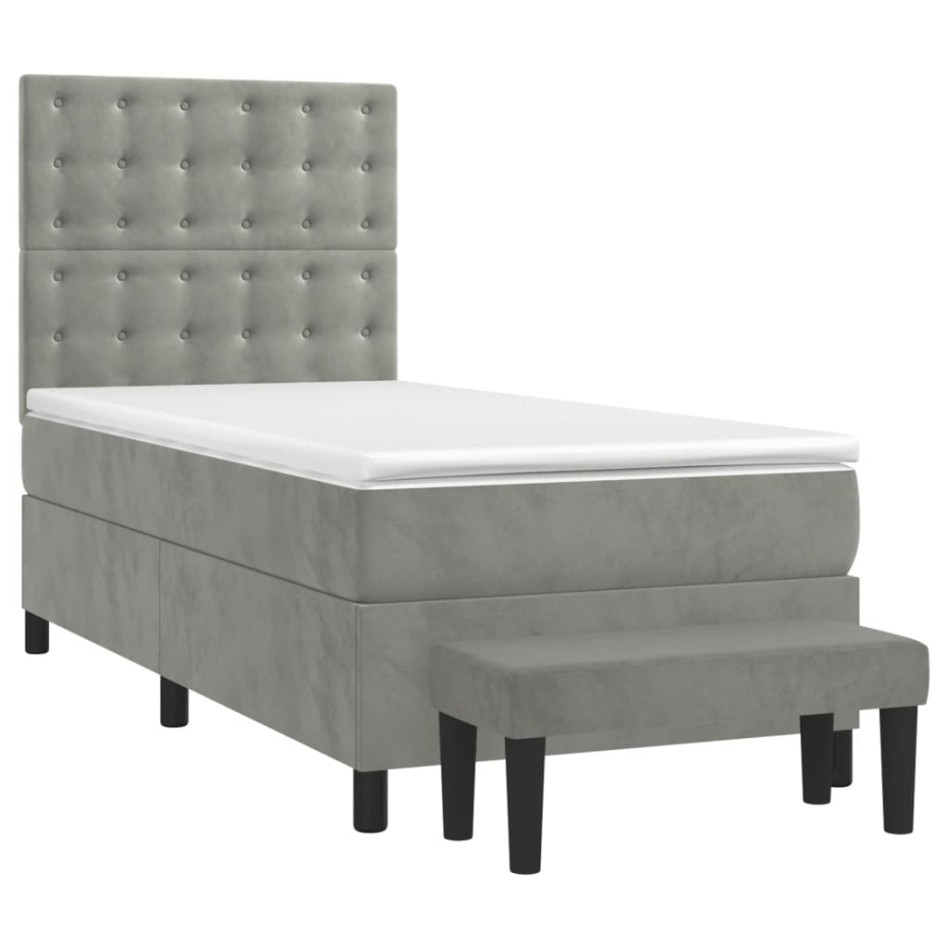 Cama box spring con colchón terciopelo gris claro 80x200