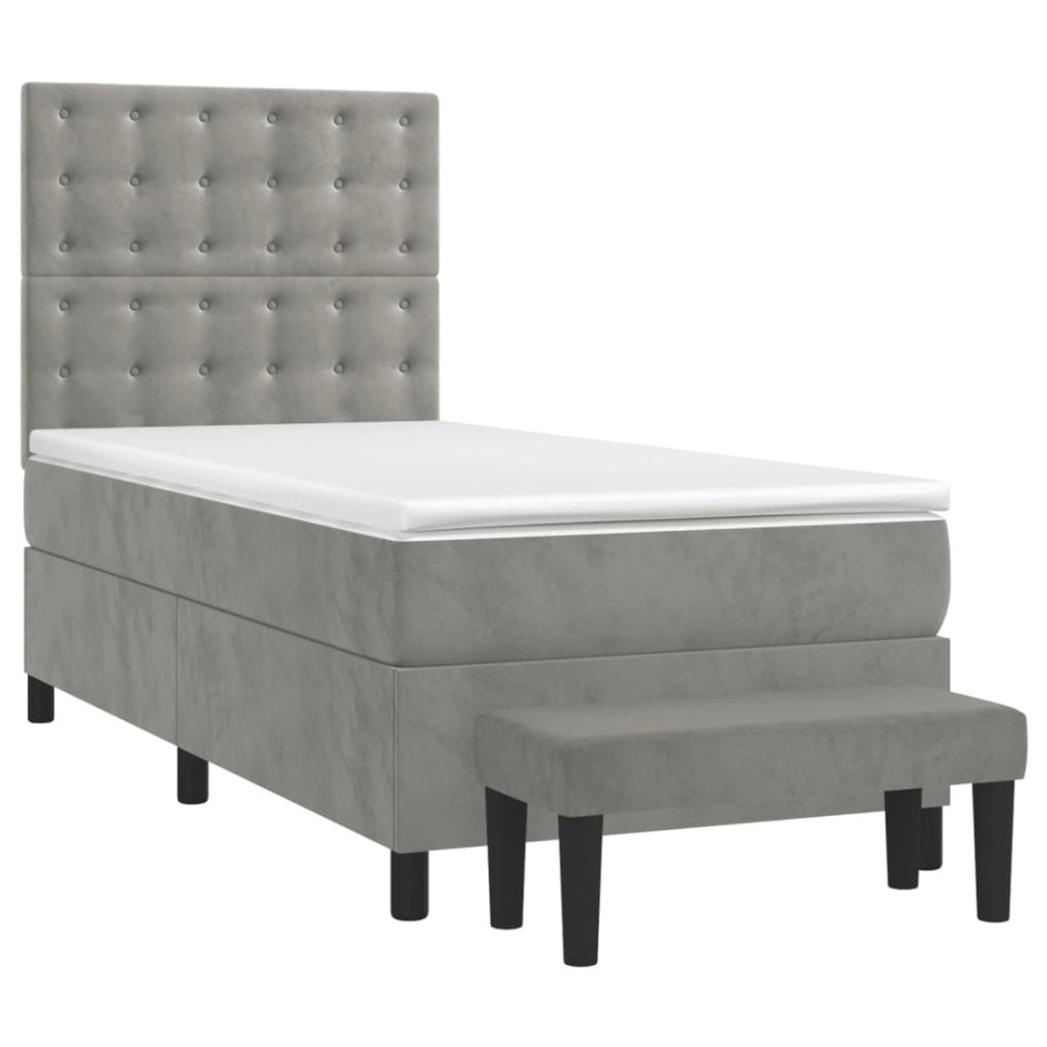 Cama box spring con colchón terciopelo gris claro 90x190