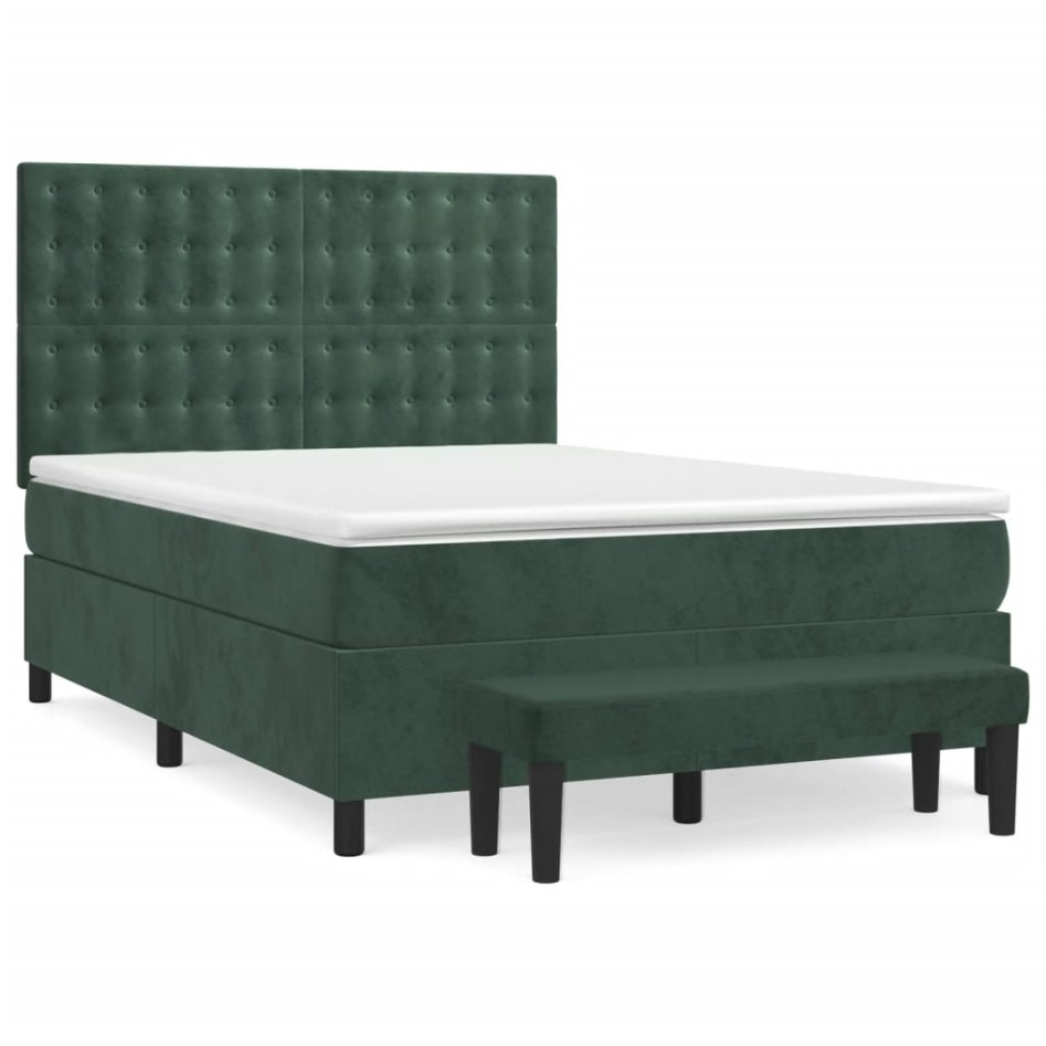 Cama box spring con colchón terciopelo verde oscuro 140x190
