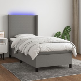 Cama box spring colchón y luces LED tela gris oscuro 90x200
