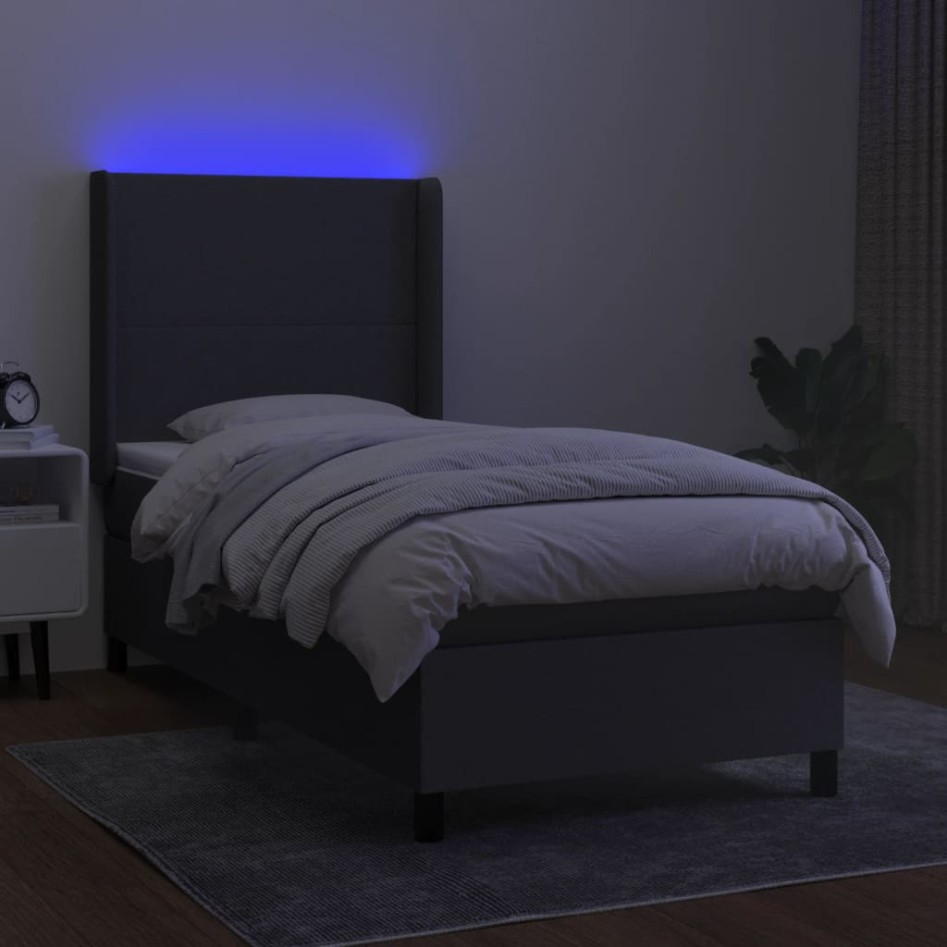 Cama box spring colchón y luces LED tela gris oscuro 90x200