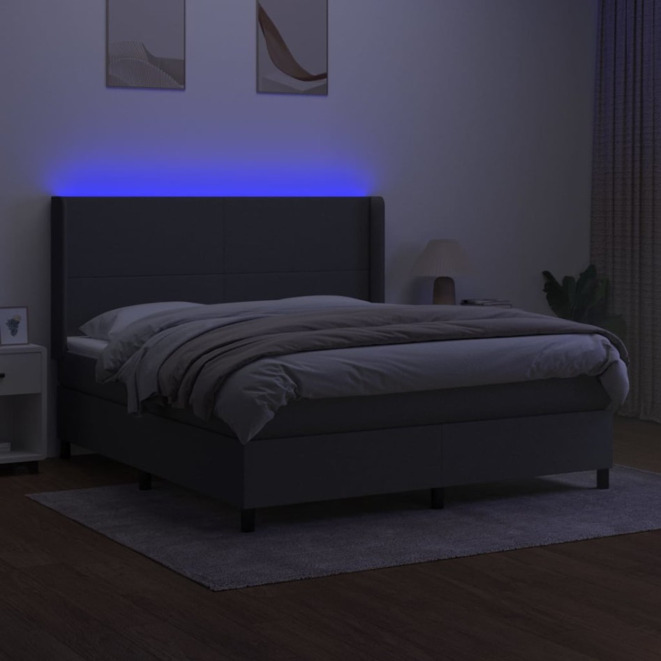 Cama box spring colchón y luces LED tela gris oscuro 160x200
