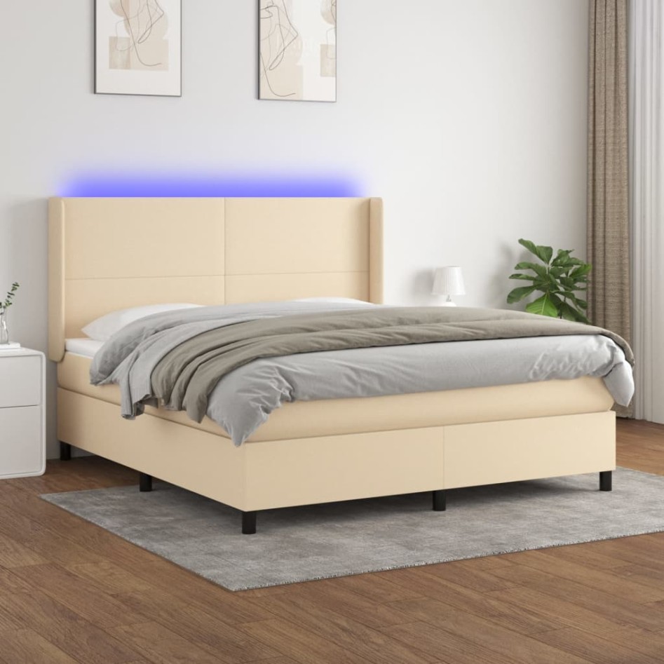 Cama box spring colchón y luces LED tela crema 160x200