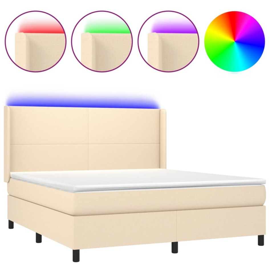 Cama box spring colchón y luces LED tela crema 160x200