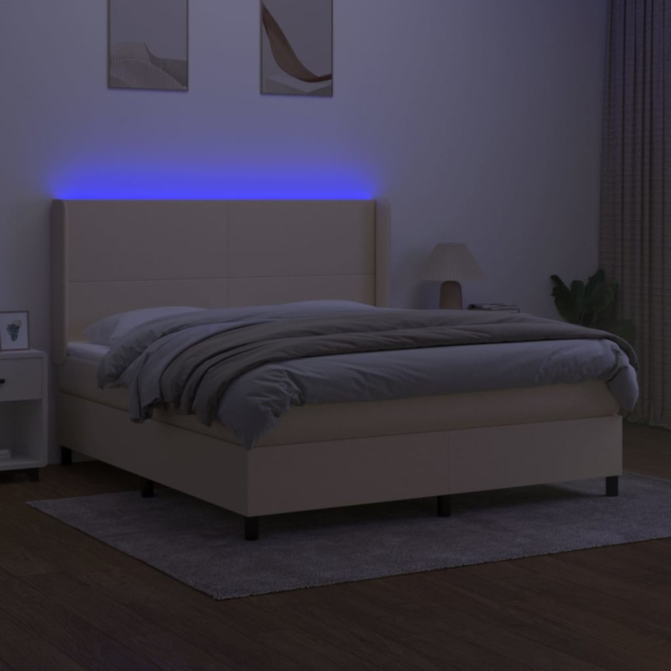 Cama box spring colchón y luces LED tela crema 160x200