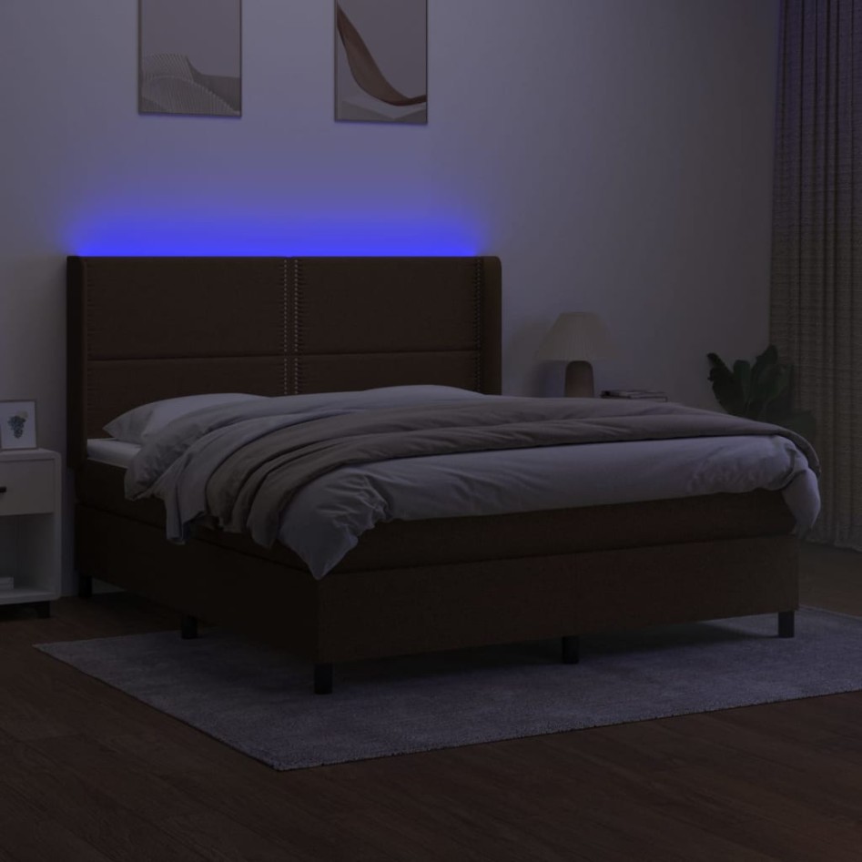 Cama box spring colchón luces LED tela marrón oscuro