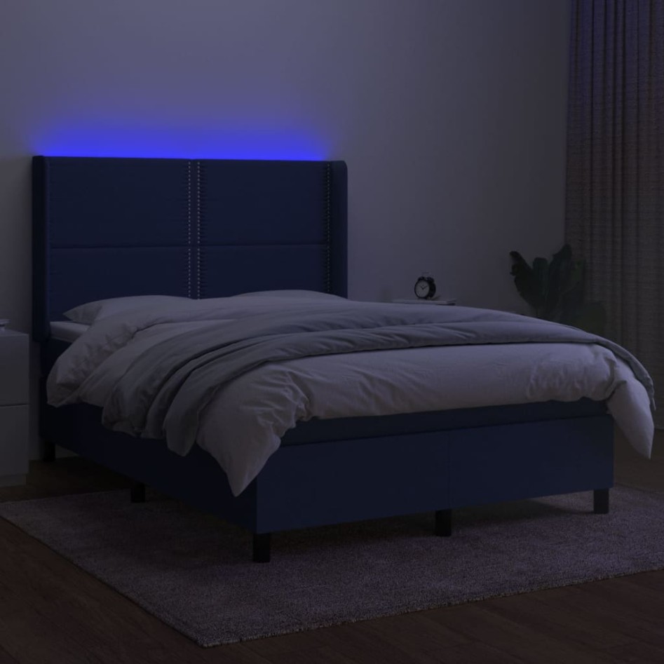 Cama box spring colchón y luces LED tela azul 140x200