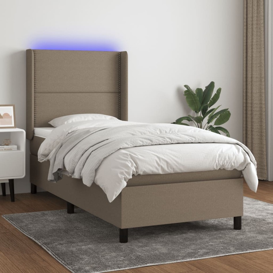 Cama box spring colchón y luces LED tela gris taupe 90x190