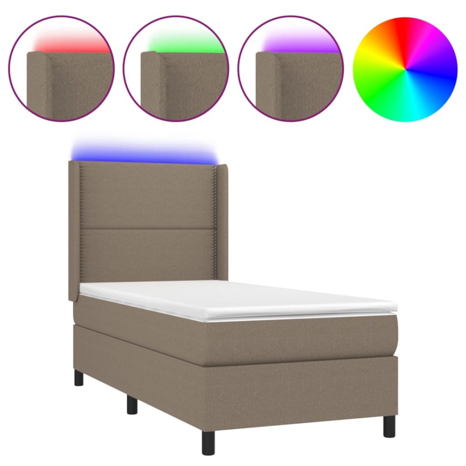 Cama box spring colchón y luces LED tela gris taupe 100x200