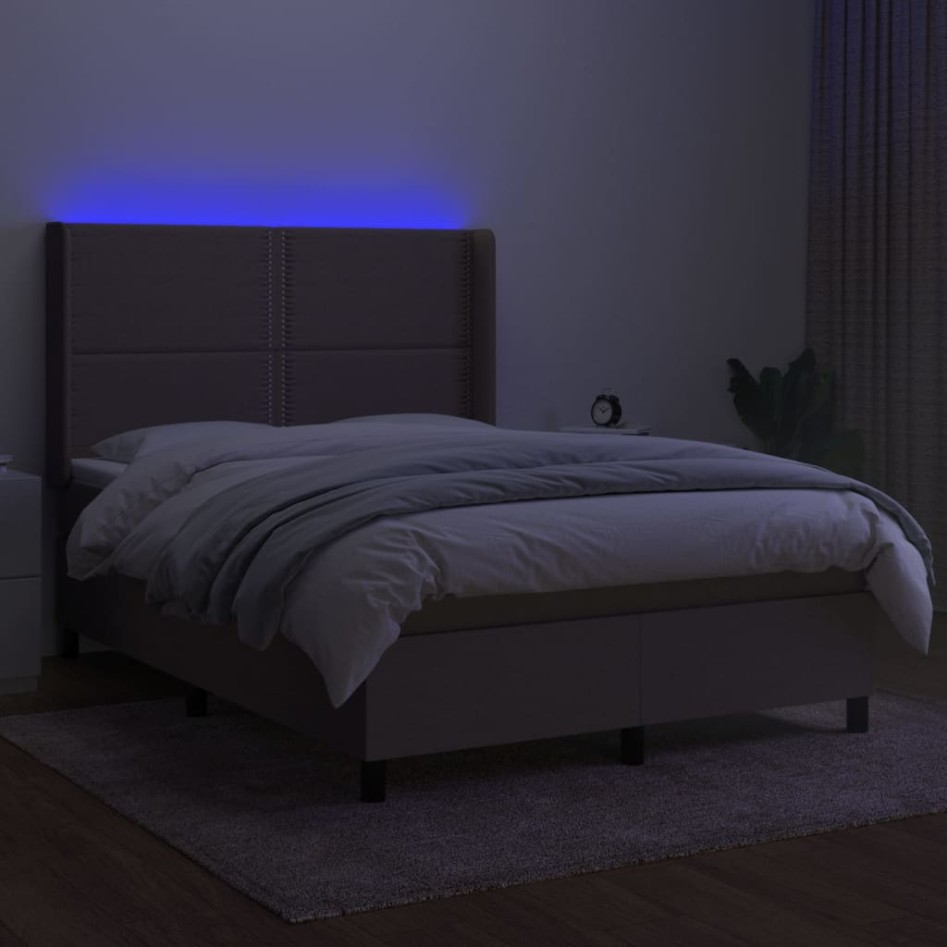 Cama box spring colchón y luces LED tela gris taupe 140x200