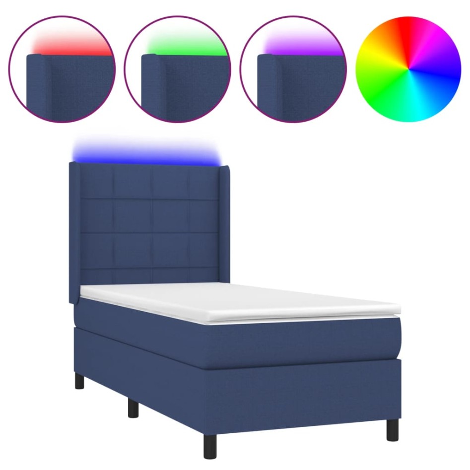 Cama box spring colchón y luces LED tela azul 90x190