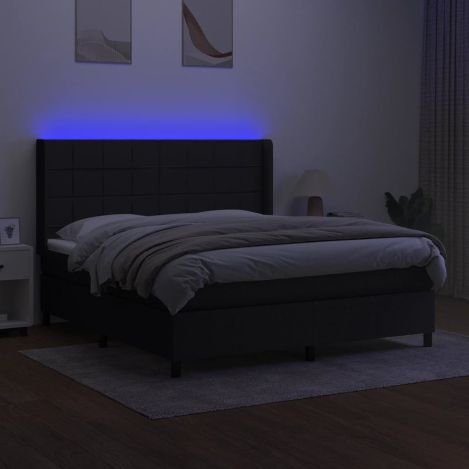 Cama box spring colchón y luces LED tela negro 160x200