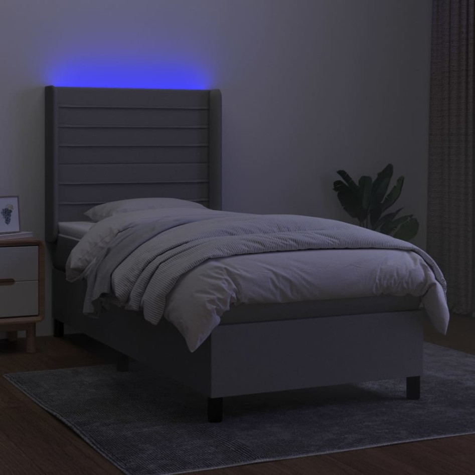Cama box spring colchón y luces LED tela gris claro 100x200