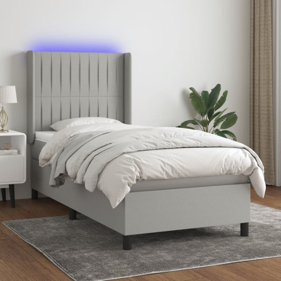 Cama box spring colchón y luces LED tela gris claro 90x190