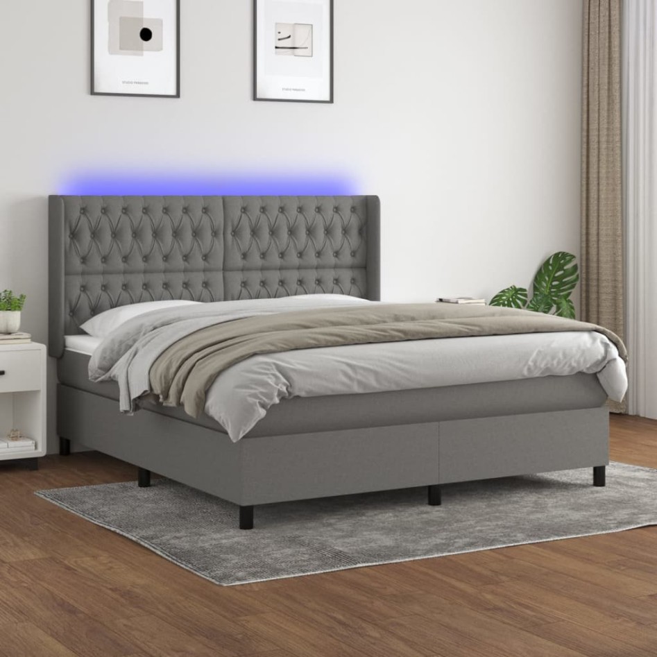 Cama box spring colchón y luces LED tela gris oscuro 160x200
