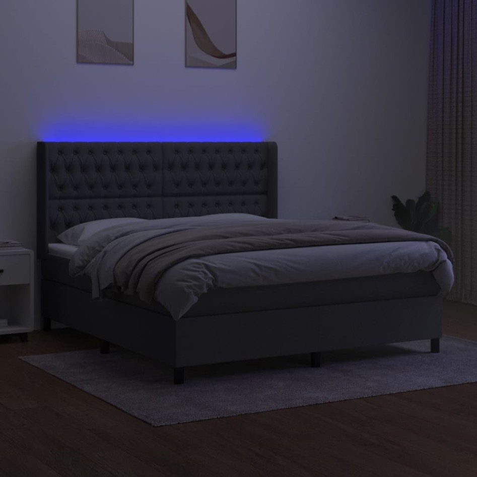 Cama box spring colchón y luces LED tela gris oscuro 160x200