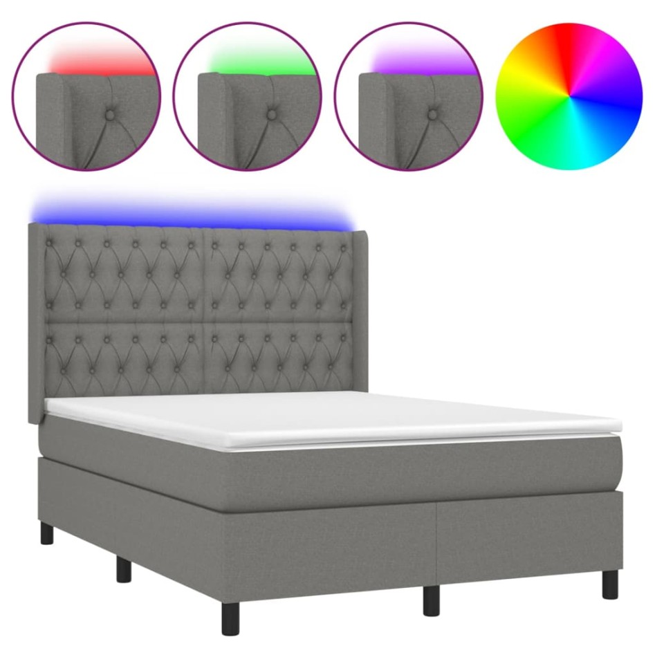 Cama box spring colchón y luces LED tela gris oscuro 140x200