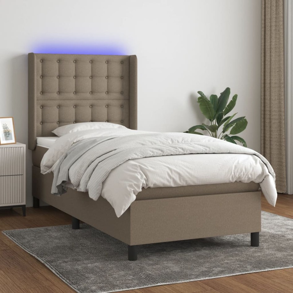 Cama box spring colchón y luces LED tela gris taupe 100x200