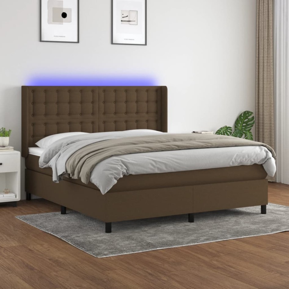 Cama box spring colchón luces LED tela marrón oscuro
