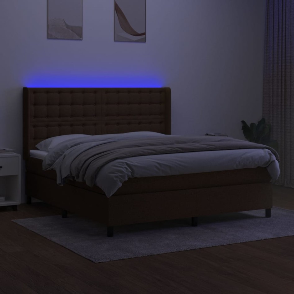 Cama box spring colchón luces LED tela marrón oscuro