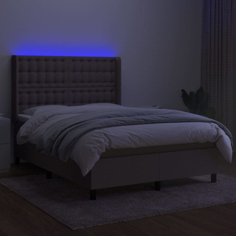 Cama box spring colchón y luces LED tela gris taupe 140x200