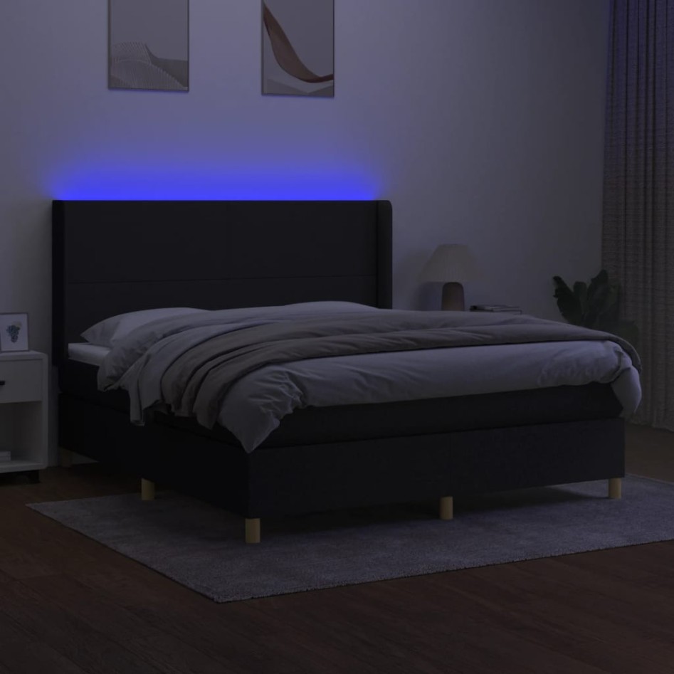 Cama box spring colchón y luces LED tela negro 160x200