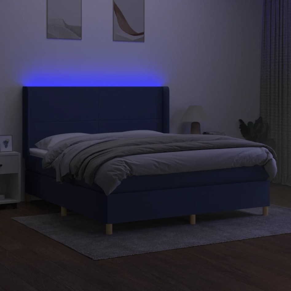 Cama box spring colchón y luces LED tela azul 160x200