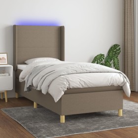 Cama box spring colchón y luces LED tela gris taupe 100x200